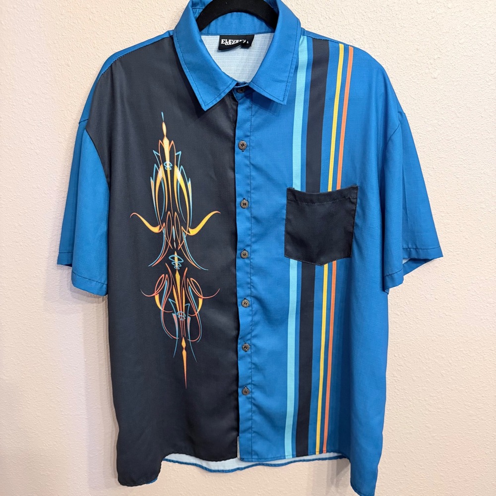 Eleven Oasis Blue/Black Automotive Pinstripe Camp Shirt Short Sleeve Y2K Men's L
